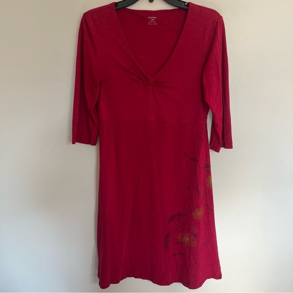Horny Toad Rosalinda Dress Size Medium Red Organic Cotton Blend Ruched Midi - Picture 1 of 12